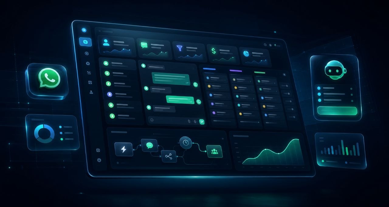 Dashboard DerZaPP com CRM, WhatsApp e Inteligência Artificial Dashboard futurista do DerZaPP com CRM, WhatsApp, IA e automações